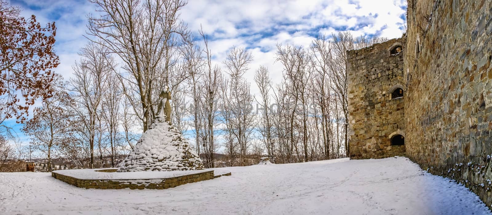 Terebovlia, Ukraine 01.06.2020. The ruins of the old Terebovlia castle, Ternopil region of Ukraine, on a sunny winter day