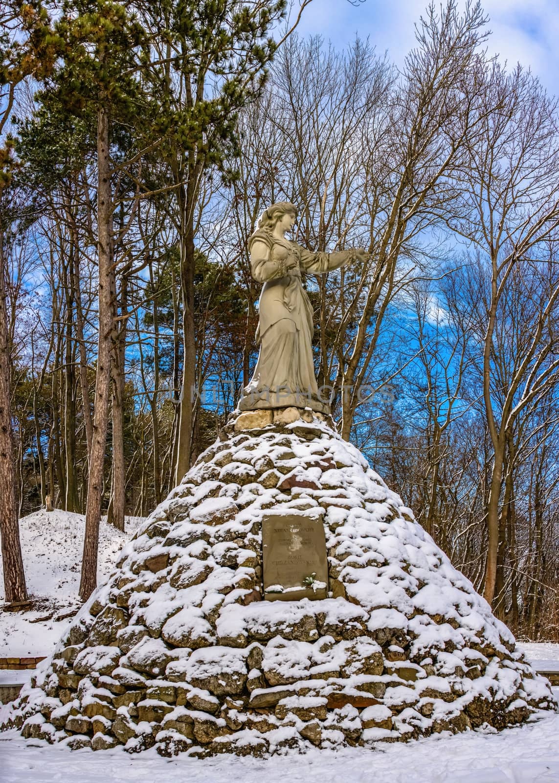 Terebovlia, Ukraine 01.06.2020. Monument to Sofia Khshanovskaya near Terebovlyansky castle, Ternopil region of Ukraine, on a sunny winter day