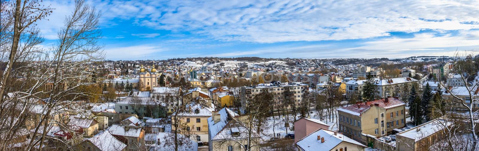 Terebovlia, Ukraine 01.06.2020. Panoramic top view of the town of Terebovlya, Ternopil region of Ukraine, on a sunny winter day