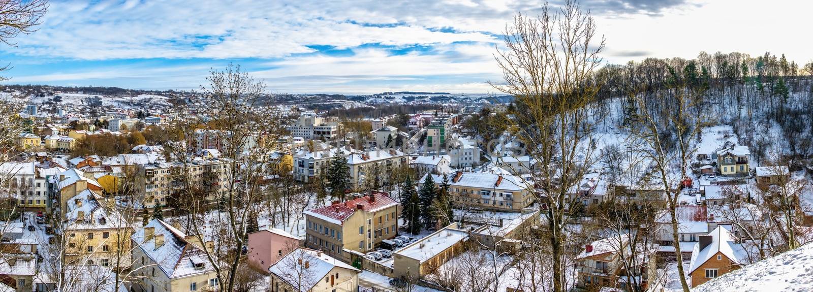 Terebovlia, Ukraine 01.06.2020. Panoramic top view of the town of Terebovlya, Ternopil region of Ukraine, on a sunny winter day