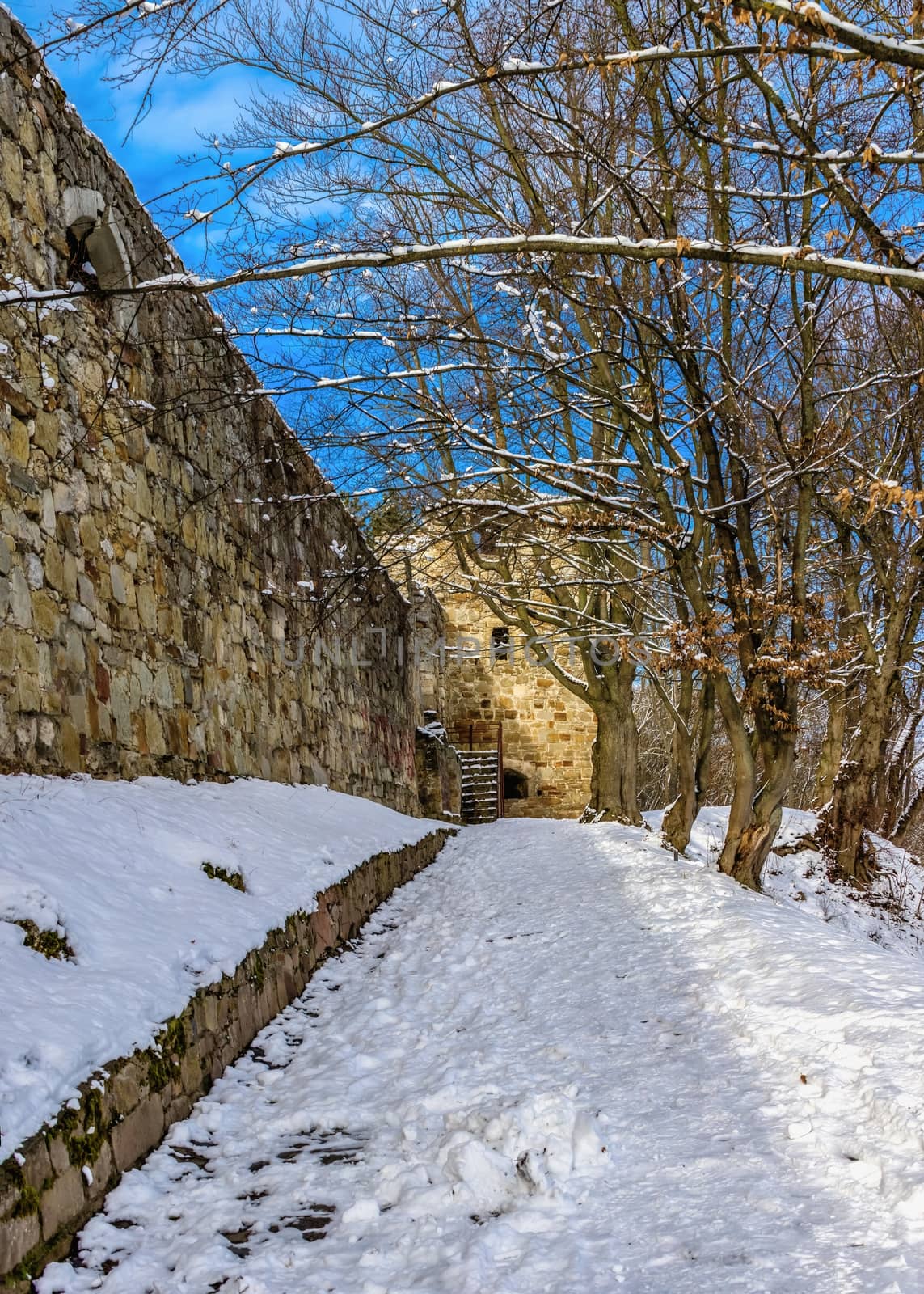 Terebovlia, Ukraine 01.06.2020. The ruins of the old Terebovlia castle, Ternopil region of Ukraine, on a sunny winter day