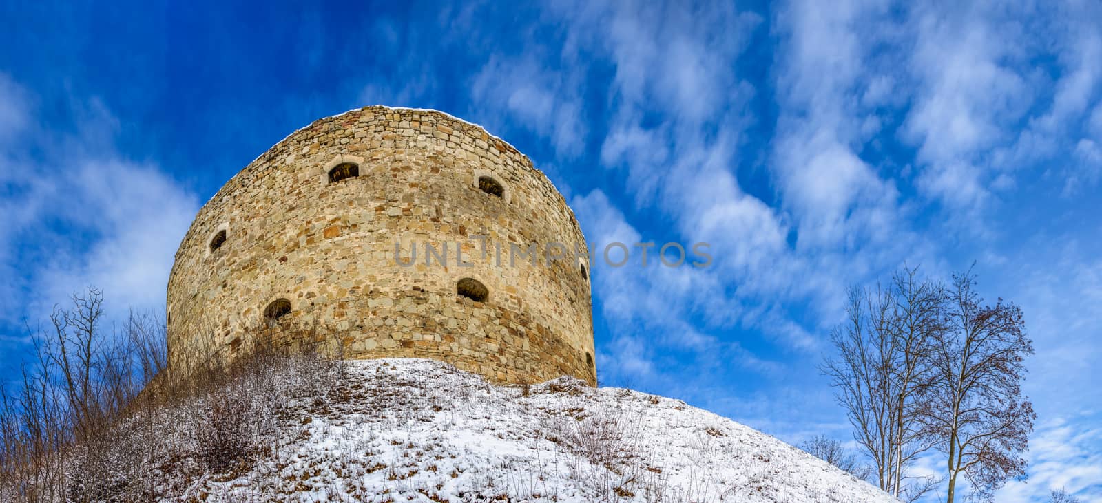 Terebovlia, Ukraine 01.06.2020. The ruins of the old Terebovlia castle, Ternopil region of Ukraine, on a sunny winter day