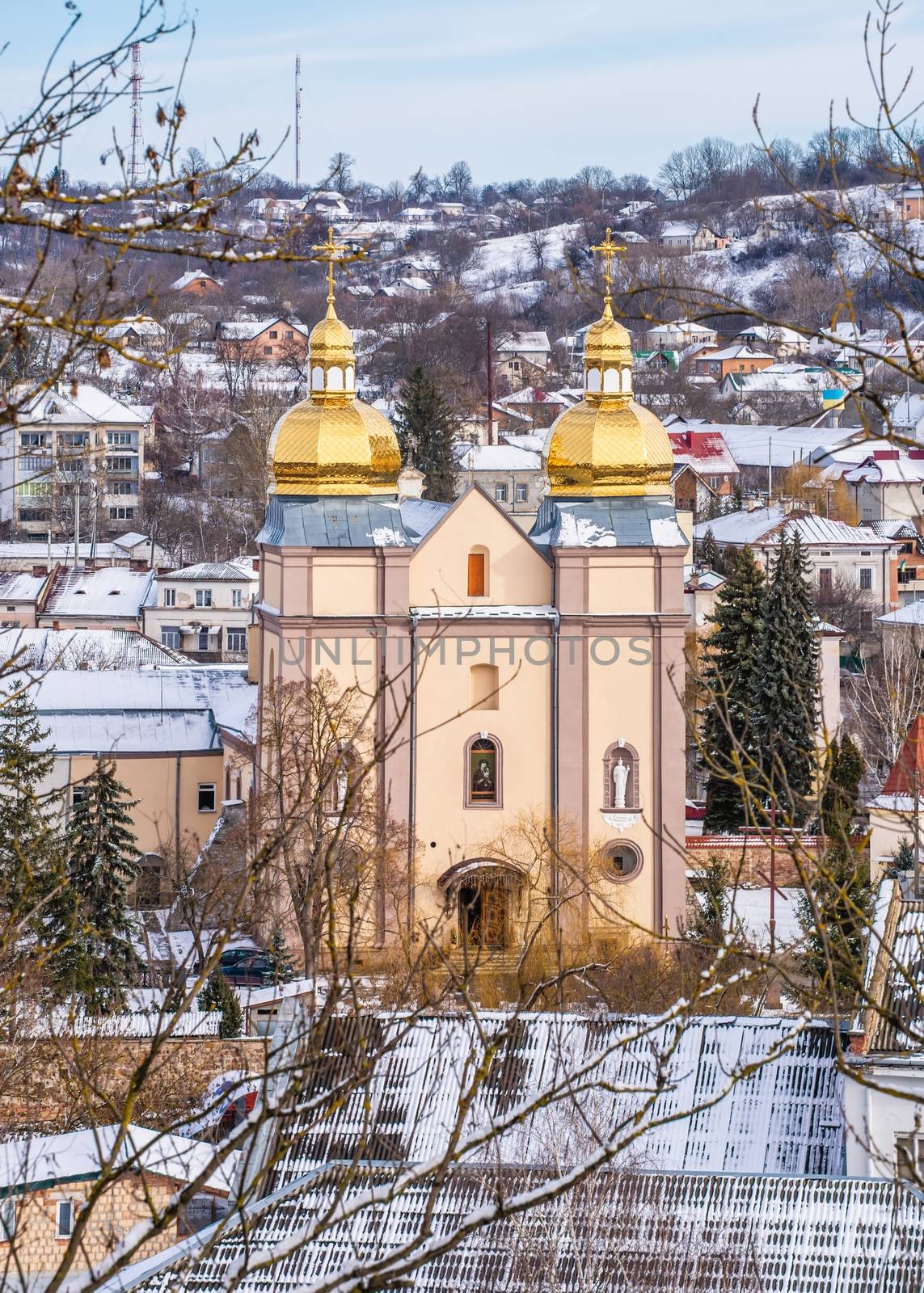 Terebovlia, Ukraine 01.06.2020. Panoramic top view of the town of Terebovlya, Ternopil region of Ukraine, on a sunny winter day