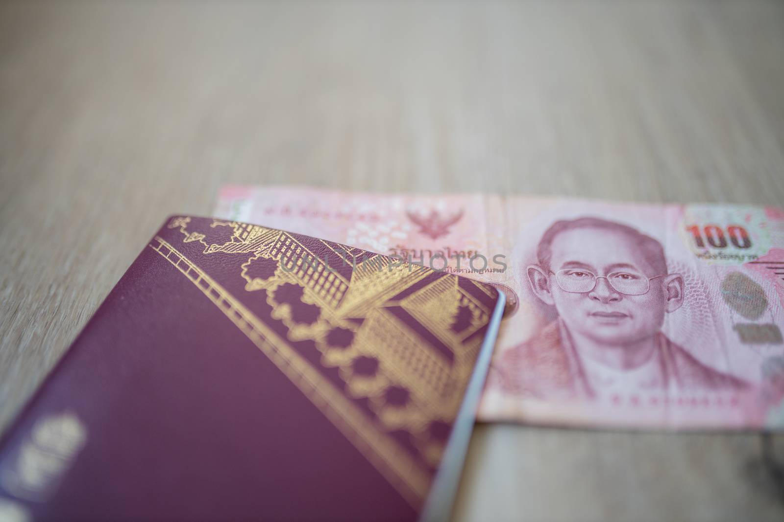 Picture of a 100 Thai Baht Bill -with the words One Hundred Bath in Thai- Partially Inside a blurry Sweden Passport