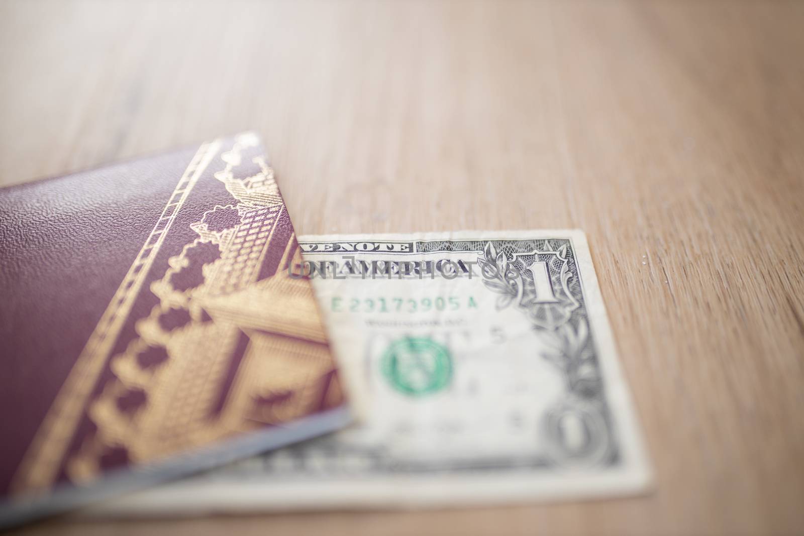 Half a One-Dollar Bill Under a Sweden Passport on a Wooden Table