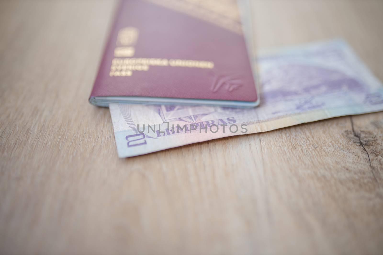 Picture of a Swedish Passport with a Blurry Honduran Lempira Bill partially inside it