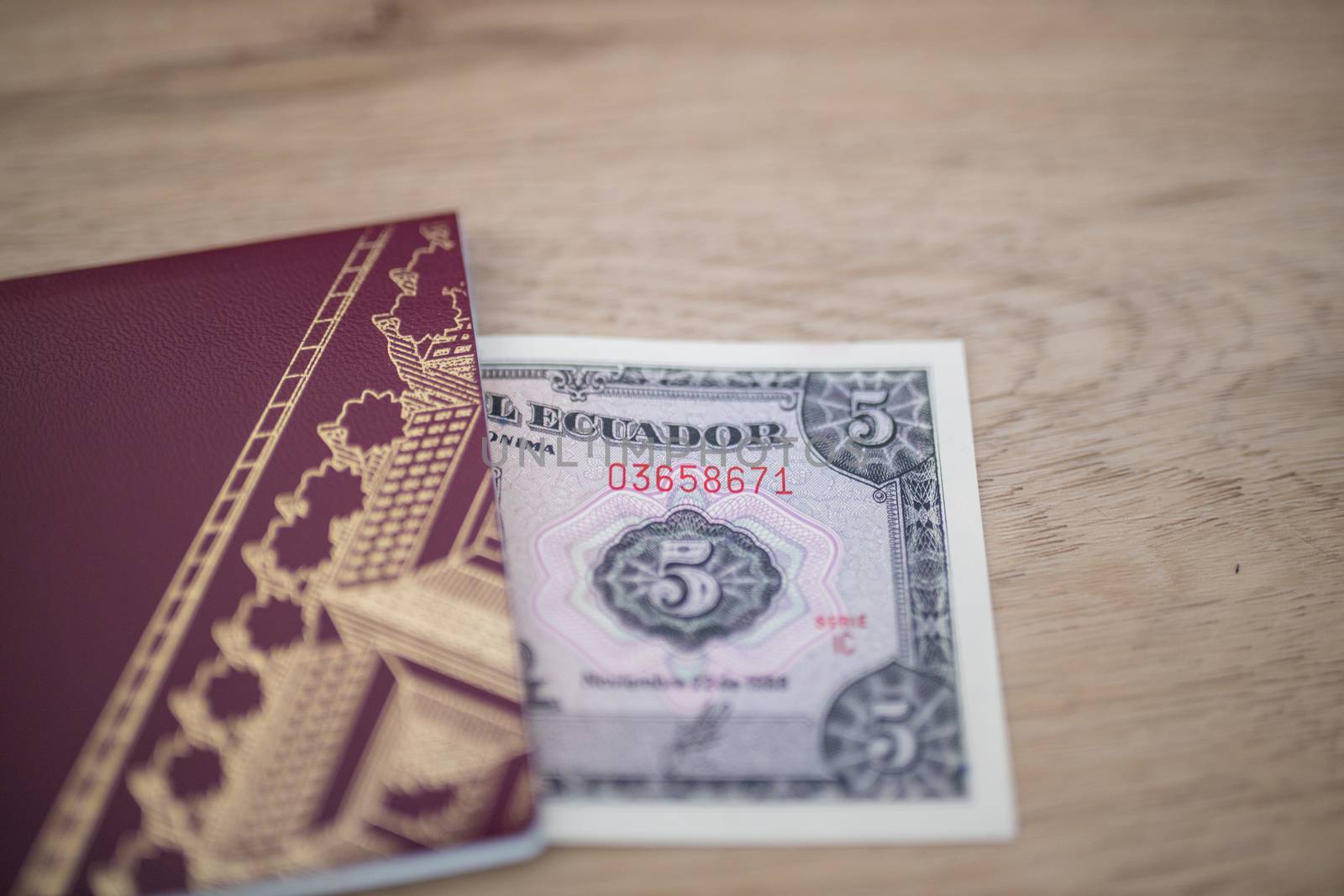Picture of Half a Five Ecuadorian Sucres Bill outside a Sweden Passport