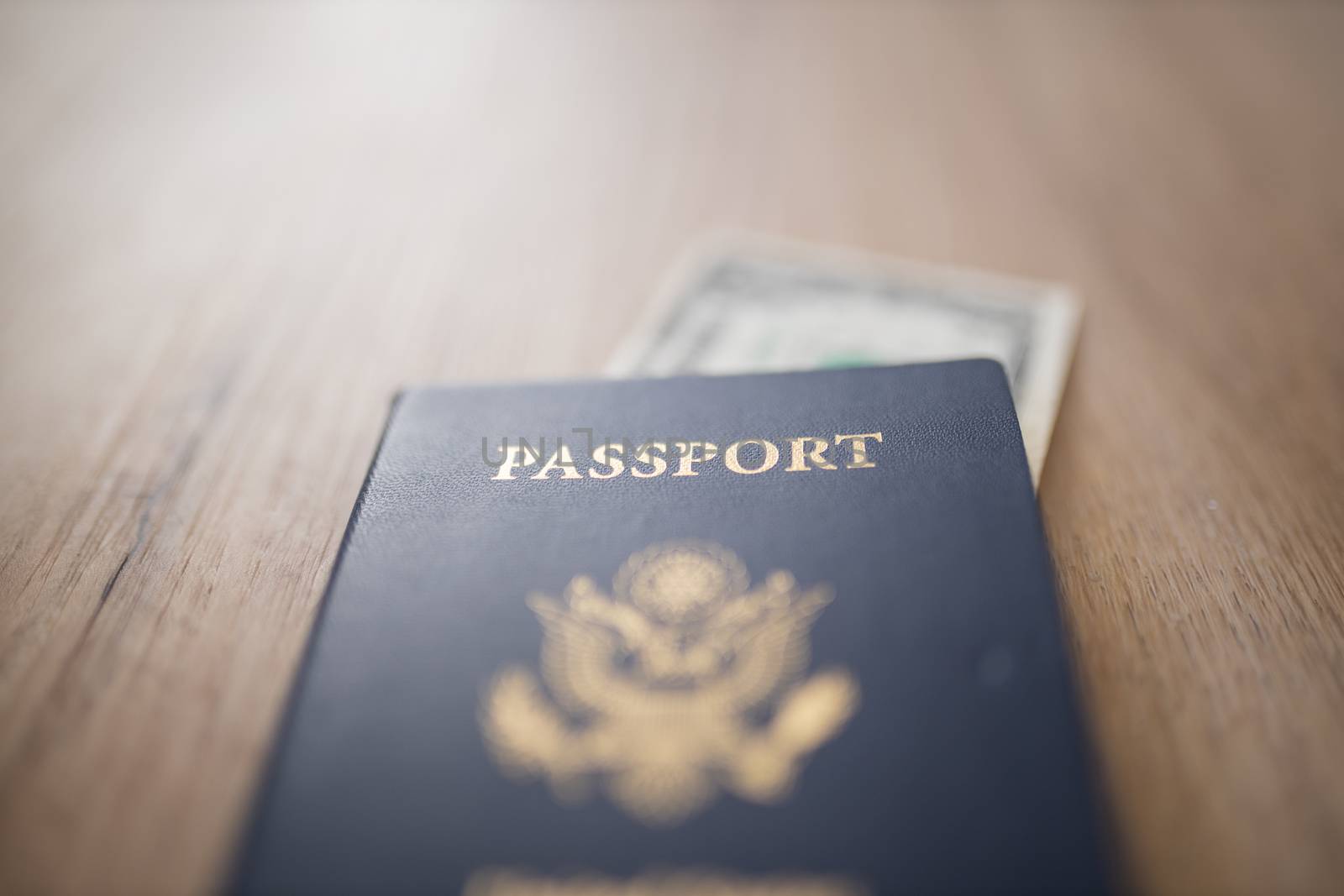 Picture of a blurry One-Dollar Bill Partially inside a United States of America Passport