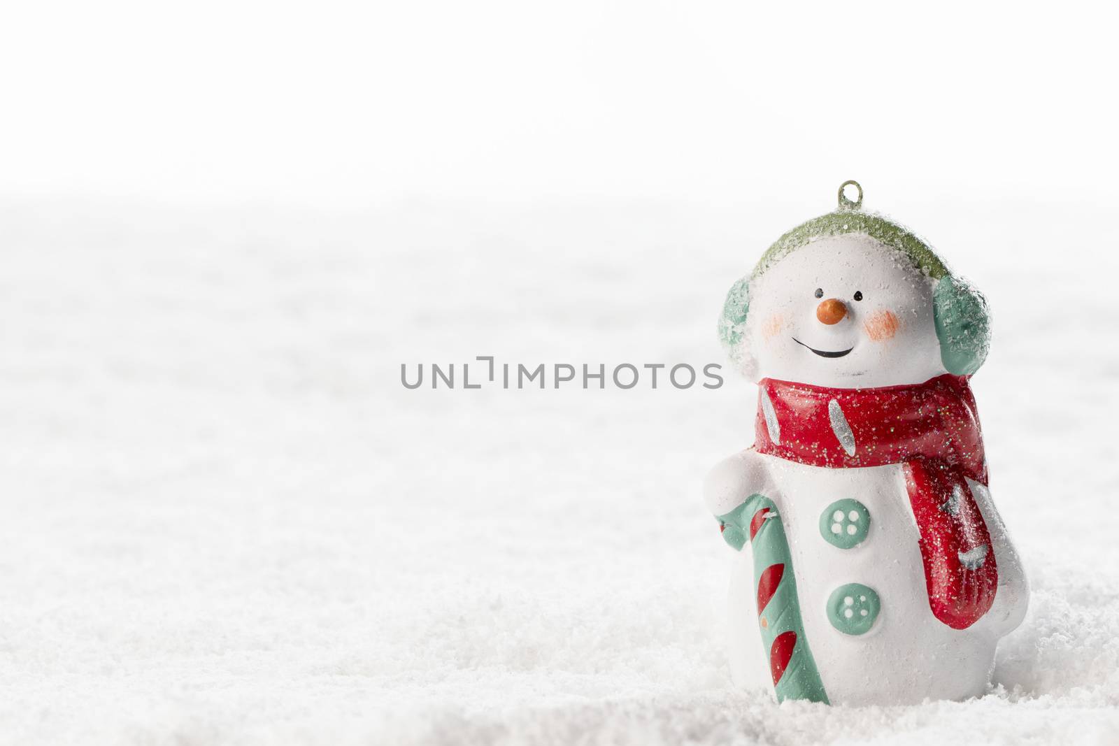 Christmas Snowman toy on winter background in the snow