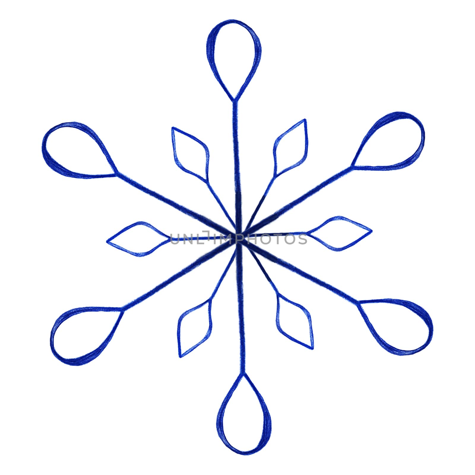 Blue Snowflake Isolated on White Background. Hand Drawn by Color Pencil. Winter Snow Symbol. Design elements for Christmas, New Year, card and other.