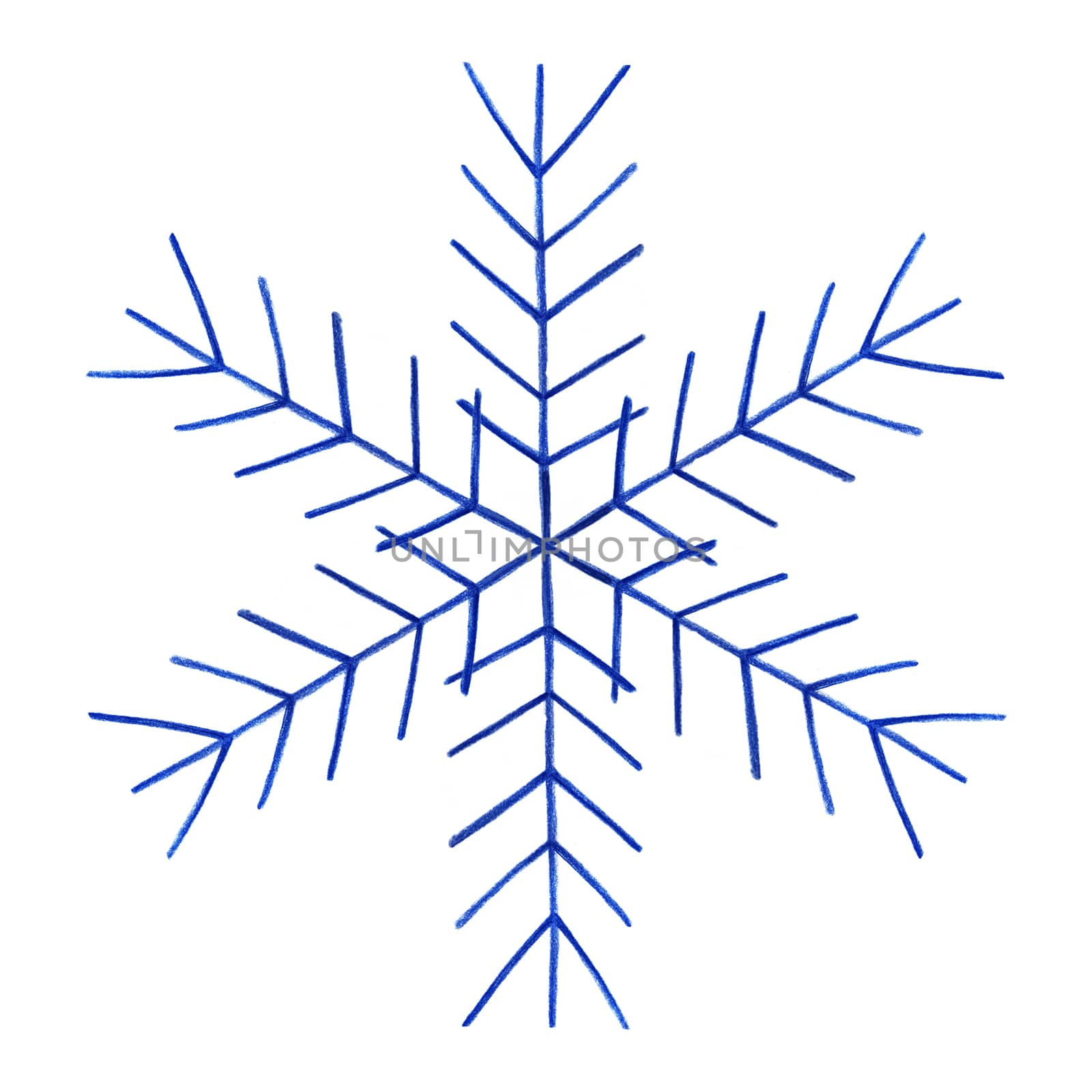 Blue Snowflake Isolated on White Background. Hand Drawn by Color Pencil. Winter Snow Symbol. Design elements for Christmas, New Year, card and other.