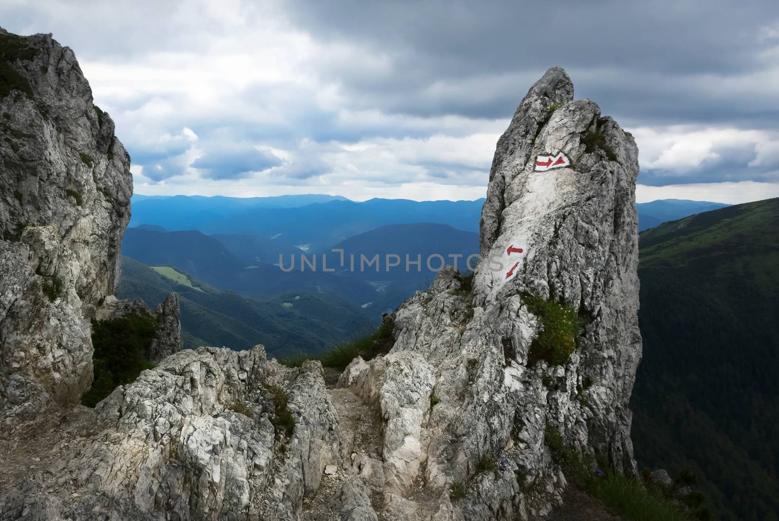 landscape background of red hiking signs on a rock