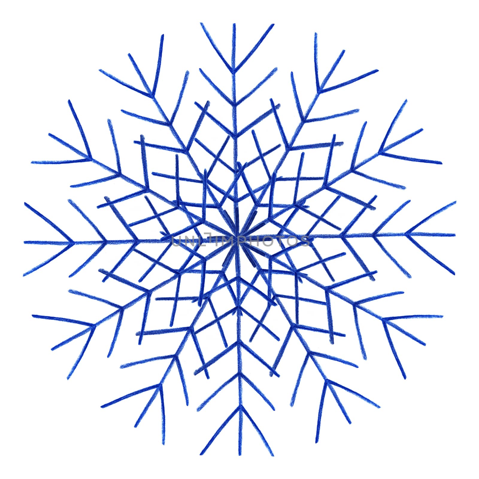 Blue Snowflake Isolated on White Background. Hand Drawn by Color Pencil. Winter Snow Symbol. Design elements for Christmas, New Year, card and other.