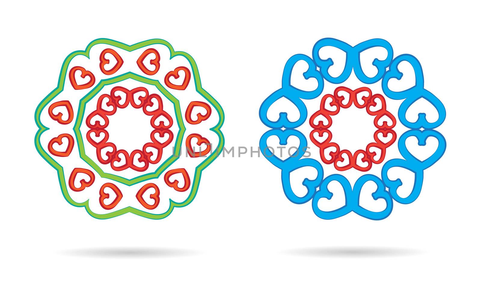 white background two abstract heart mandalas