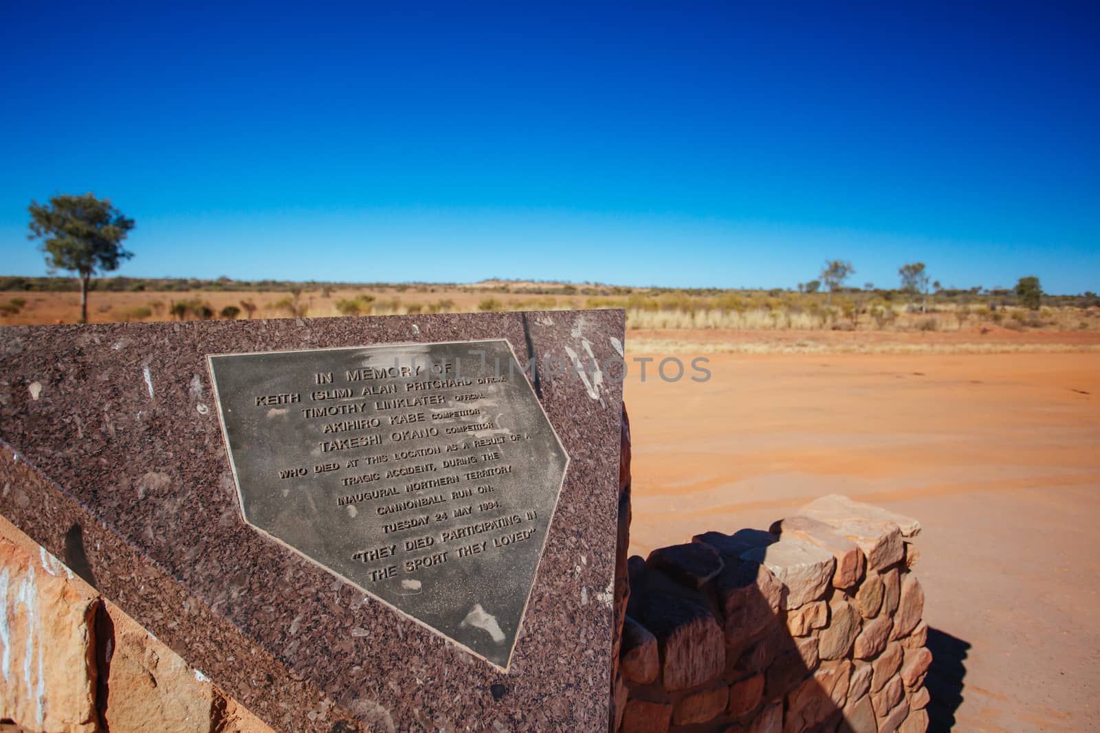 Stuart Hwy, Australia - July 2 2015: The Cannonball Run Monument commemorating the deaths of Akihiro Kabe and co-driver Takeshi Okano and two track officials, Tim Linklater and Keith Pritchard