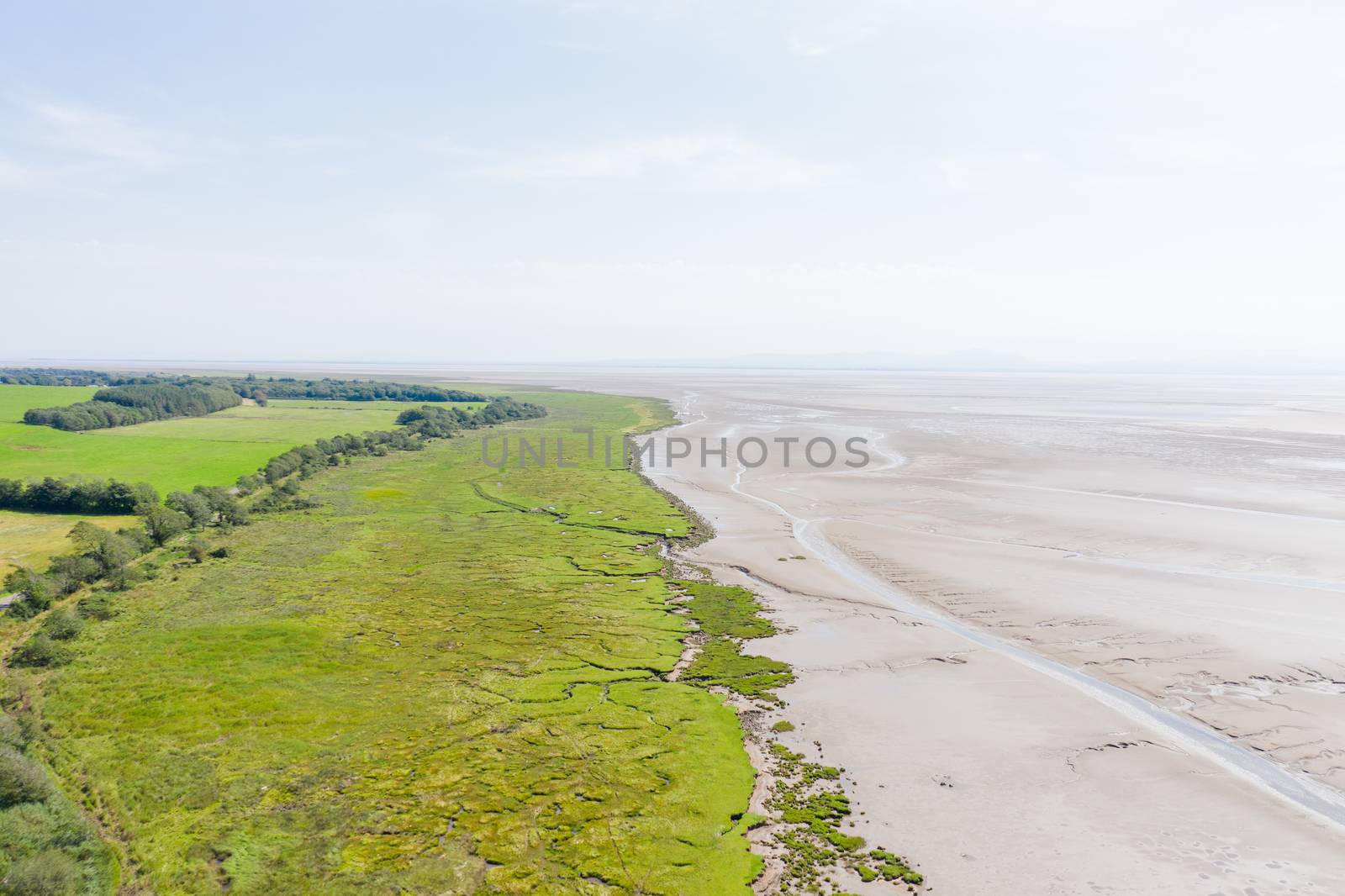 Aerial Landscape Picture of a slightly Cloudy Skyline over a land with grass and trees on one side, and algae and sand on the other