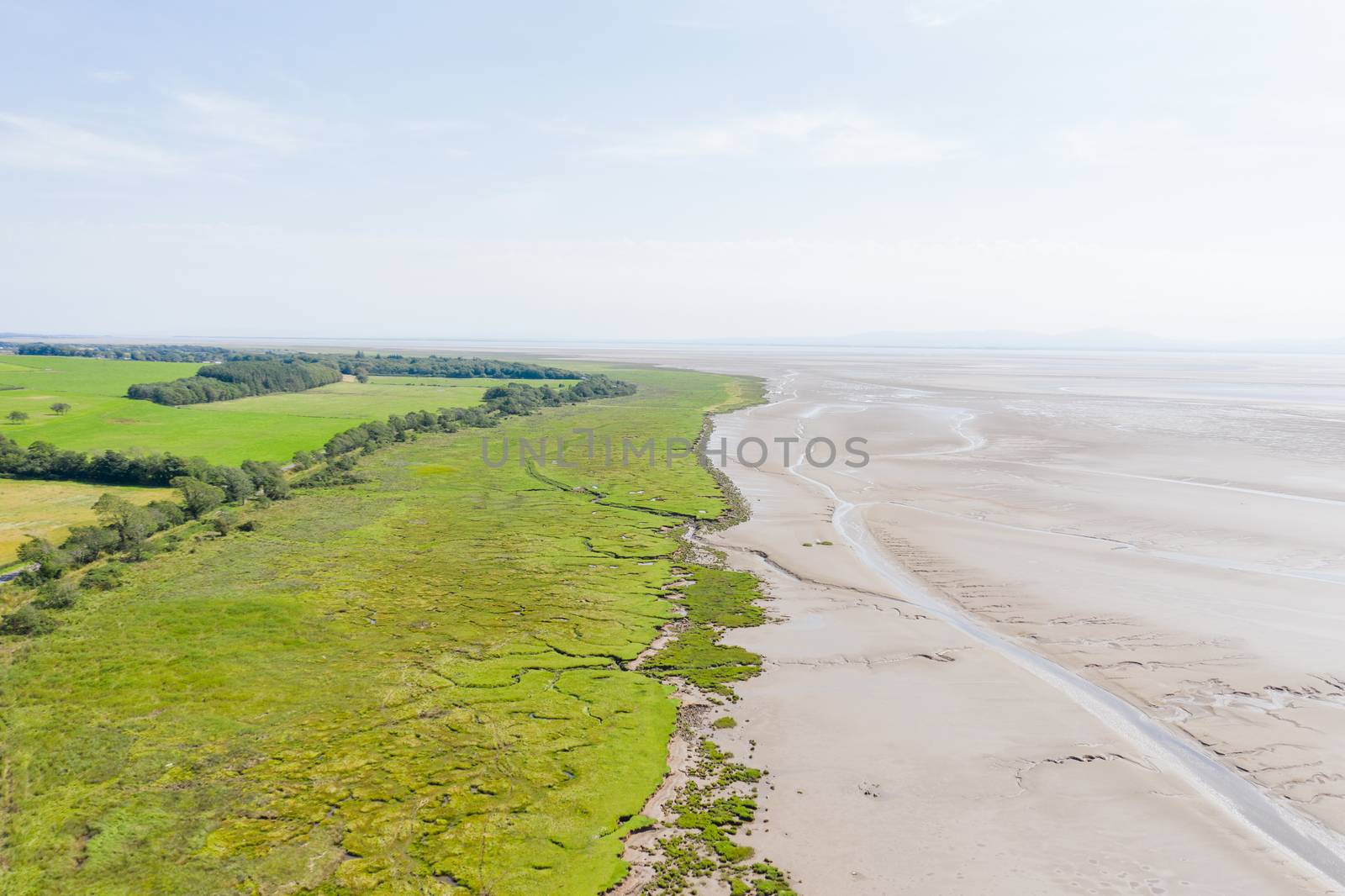 Aerial Landscape Picture of a slightly Cloudy Skyline over a land with grass and trees on one side, and algae and sand on the other