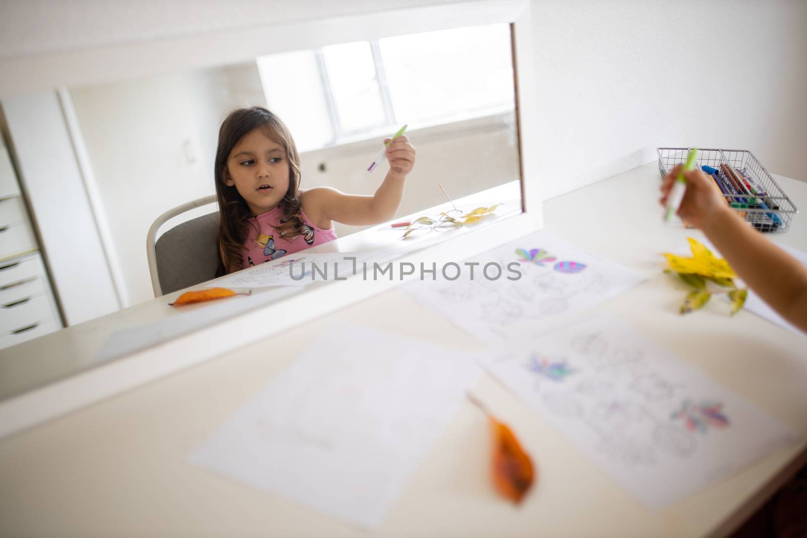 Landscape picture of a mirror across a white table reflecting a little girl in a pink dress coloring different types of leaves on a paper sheet, with real leaves aside