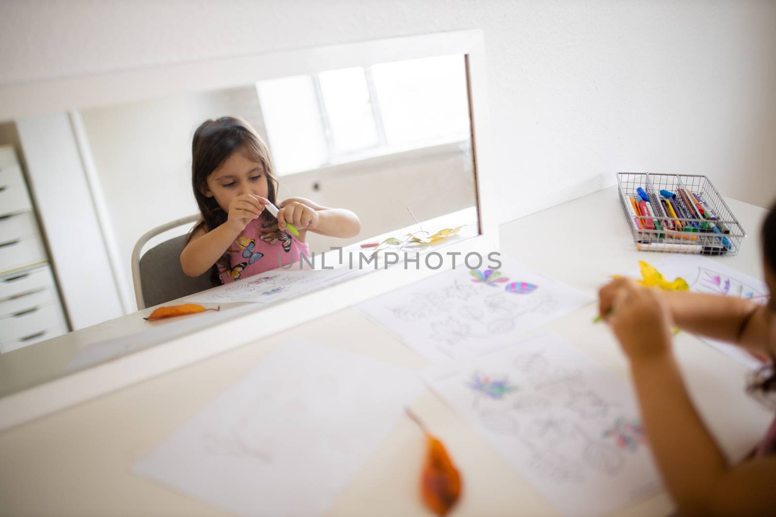 Landscape picture of a mirror across a white table reflecting a little girl in a pink dress coloring different types of leaves on a paper sheet, with real leaves aside