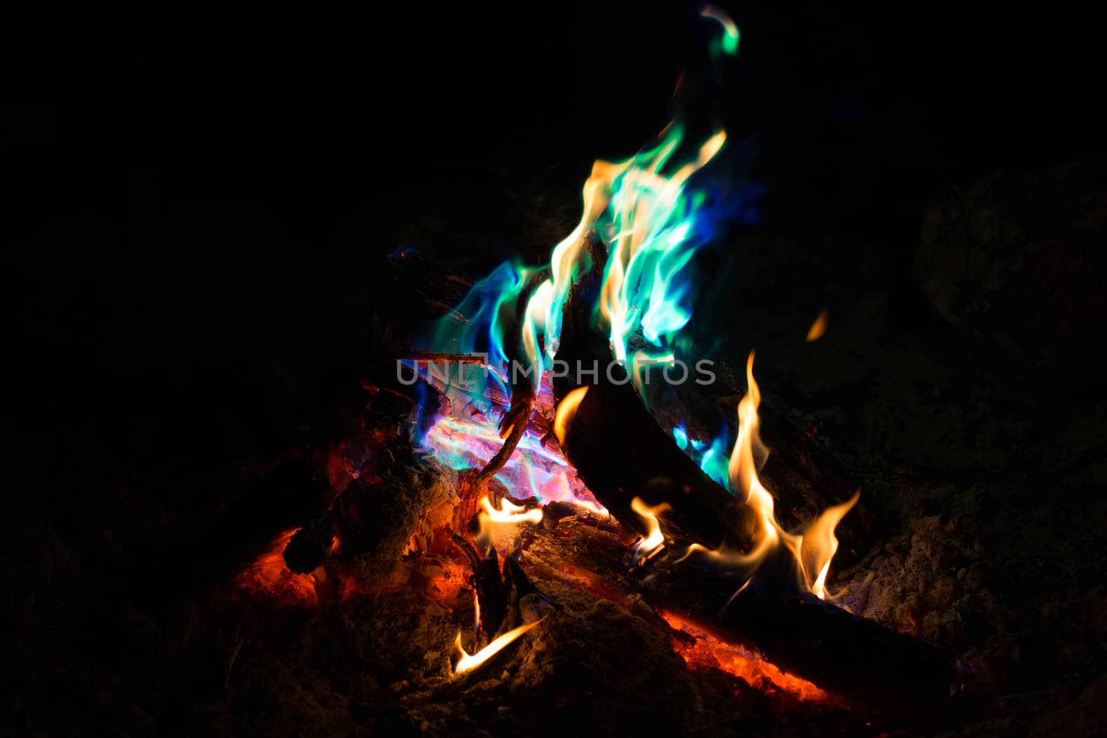 Special colored flame effects in a bonfire in Northern Territory, Australia