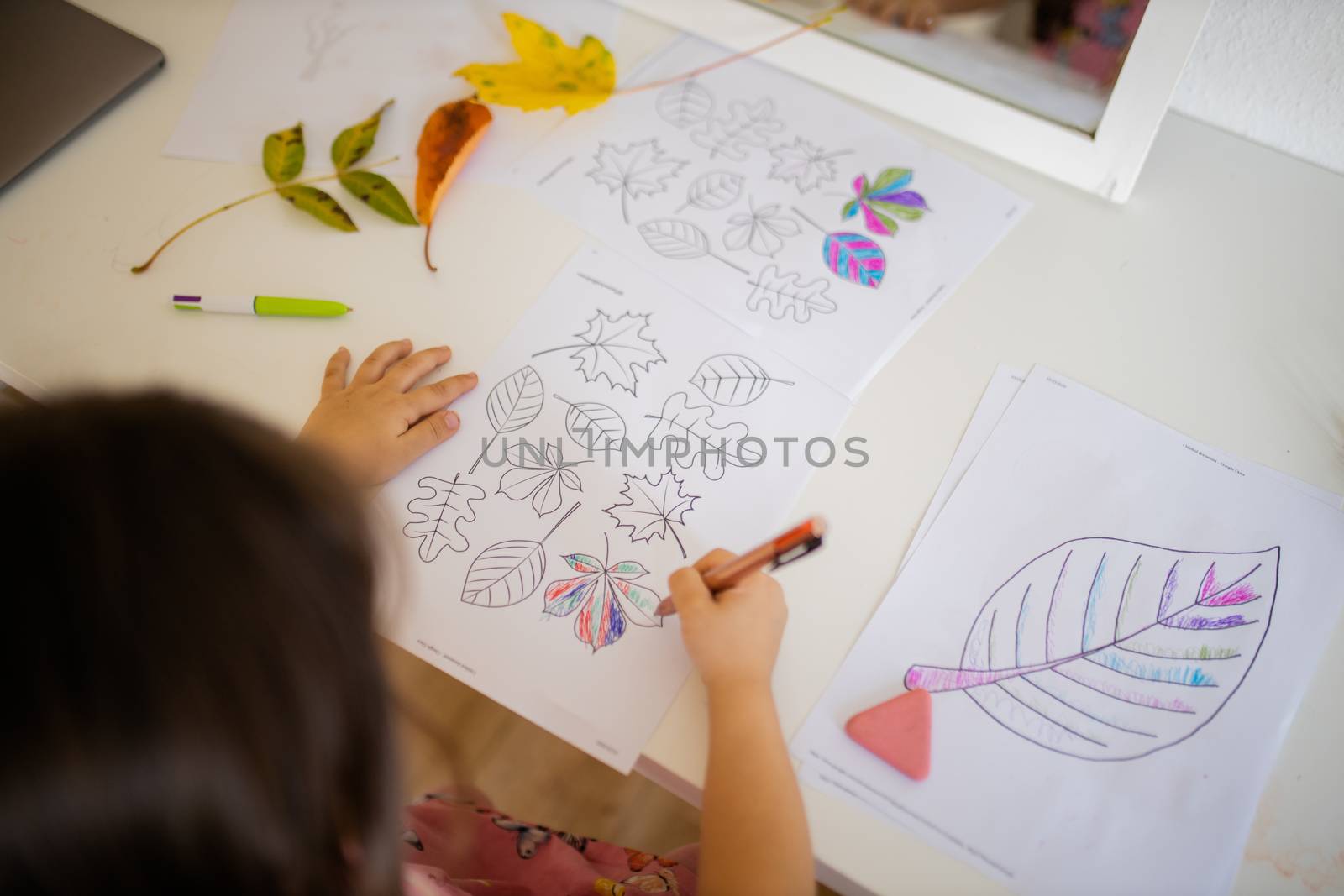 Over the head of a little brunette girl in a pink dress sitting in front of a mirror and coloring leaves