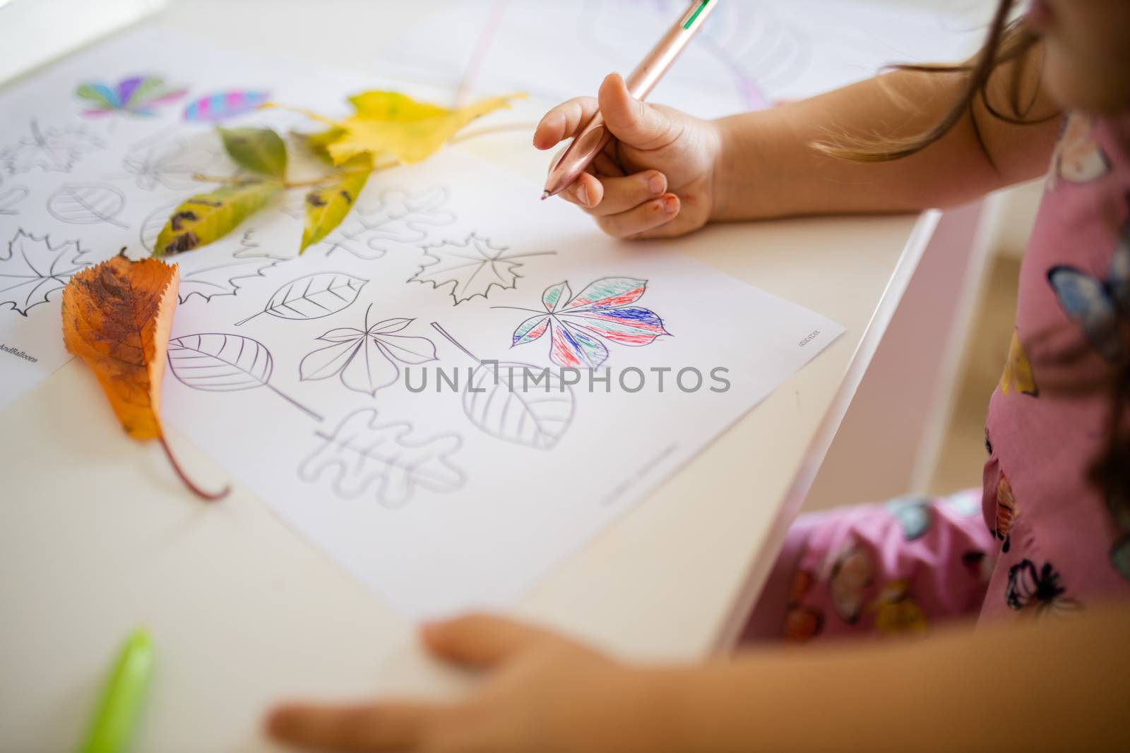 Little brunette girl in a pink dress coloring leaves images on a paper sheet above a white table