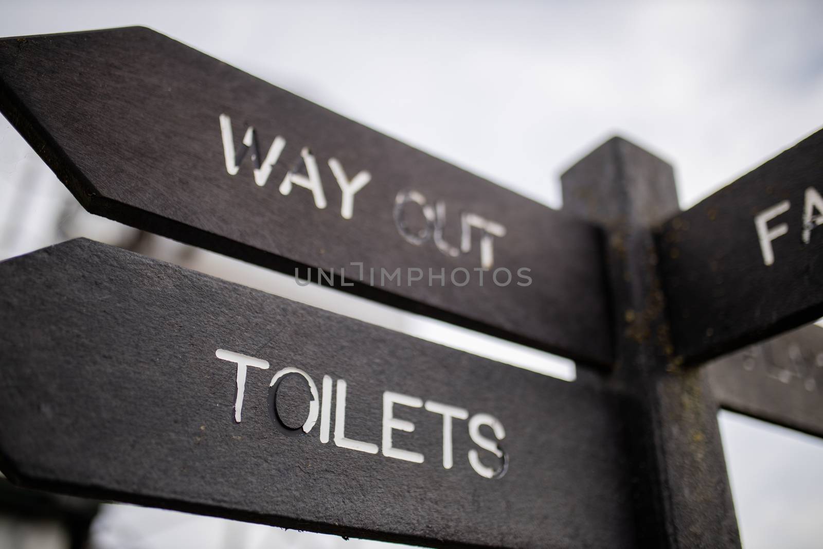 Up close view of a wooden pole with indications pointing out where are the toilets and the way out, and with a cloudy sky as background