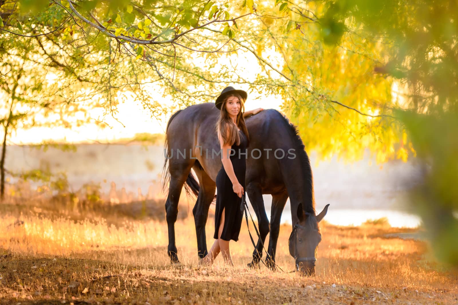Girl walks in the forest with a horse at sunset by Madhourse