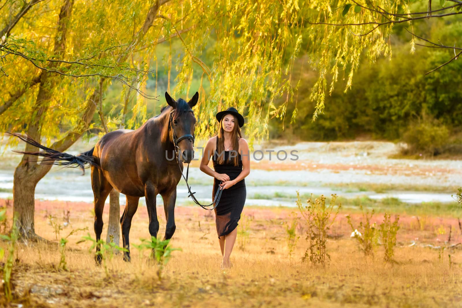 A girl in a beautiful black dress and a black hat walks with a horse across the field