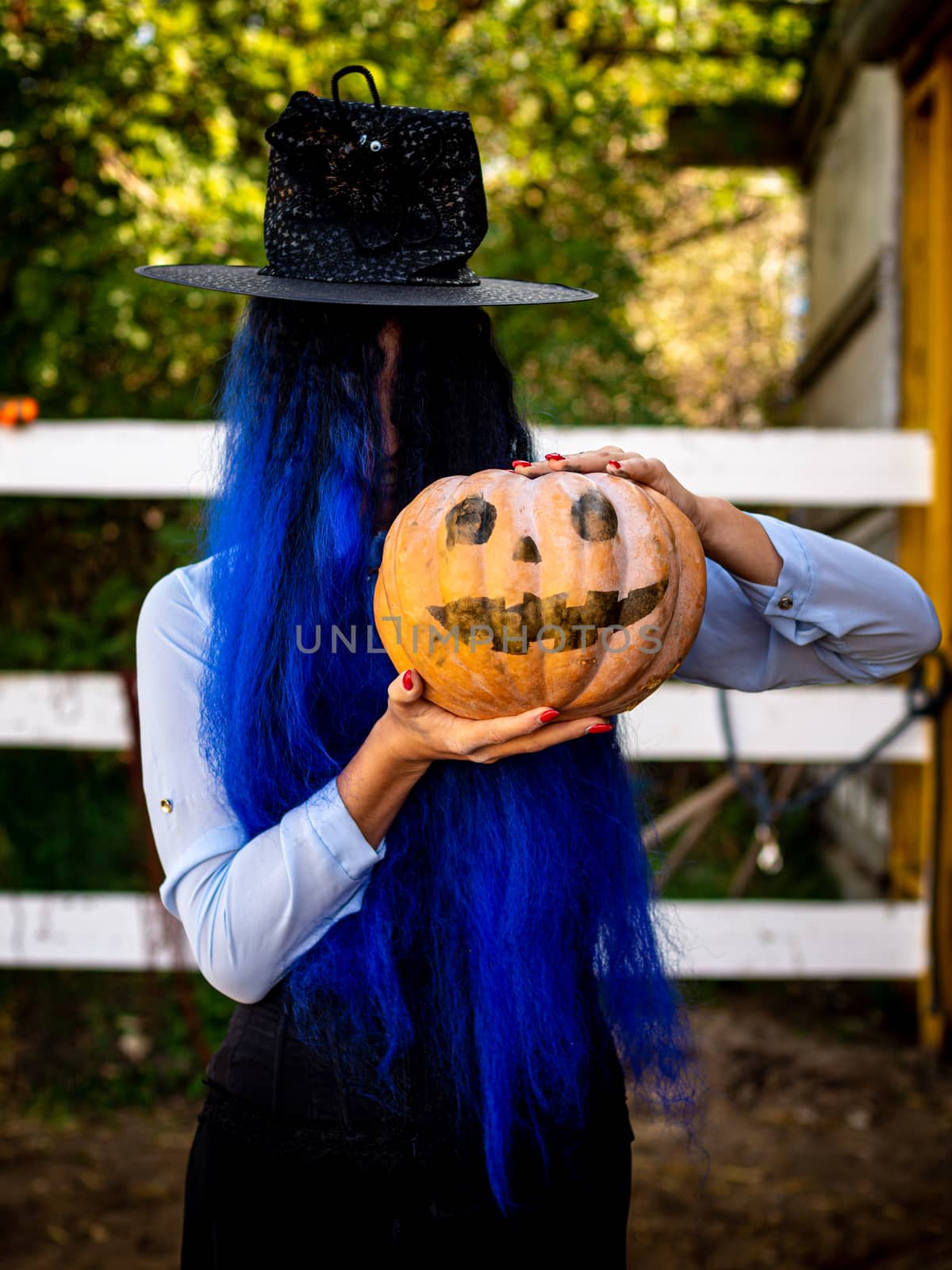 A girl with her hair covered face in a witch costume is holding a pumpkin with a painted face and a witch's cap by Madhourse