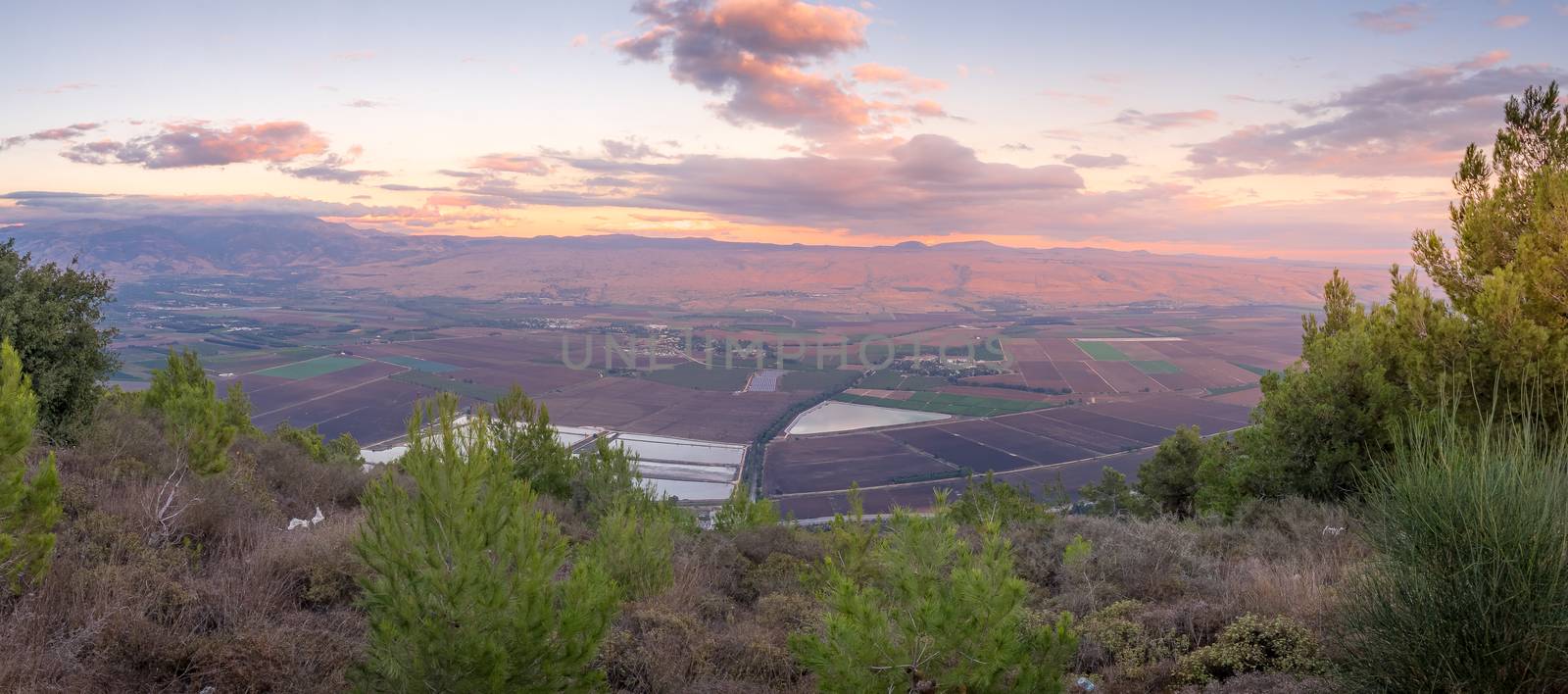 Panoramic sunset view of the Hula valley, northern Israel
