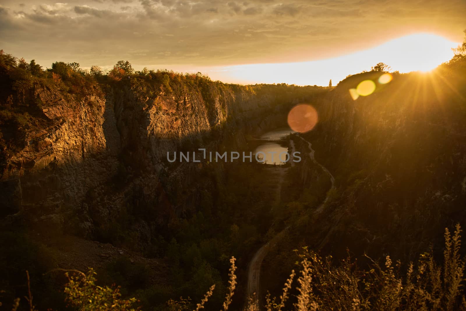Velka Amerika quarry near Prague at sunset