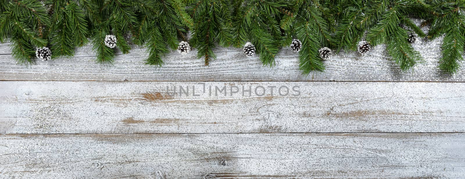 Border of Evergreen branches with pine cones for Christmas or New Year holiday background 