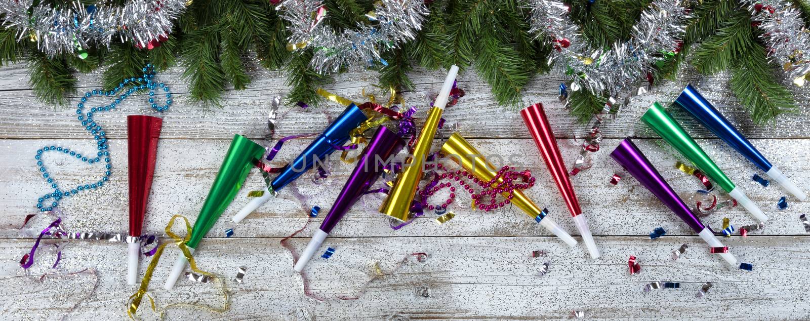 Christmas and Happy New Year decorations on white rustic wood  