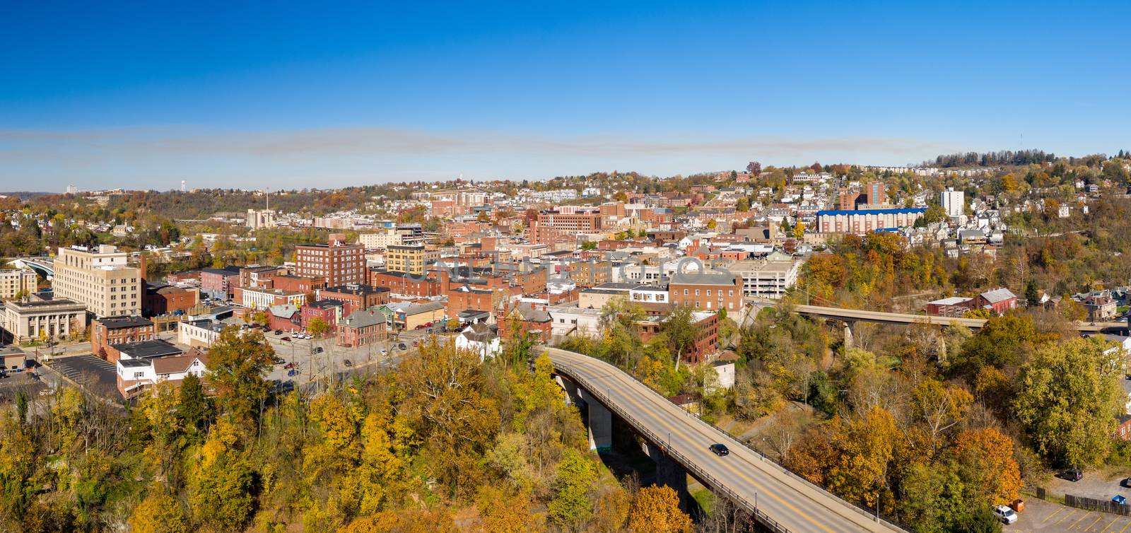 Aerial drone panoramic shot of the downtown area of Morgantown West Virginia