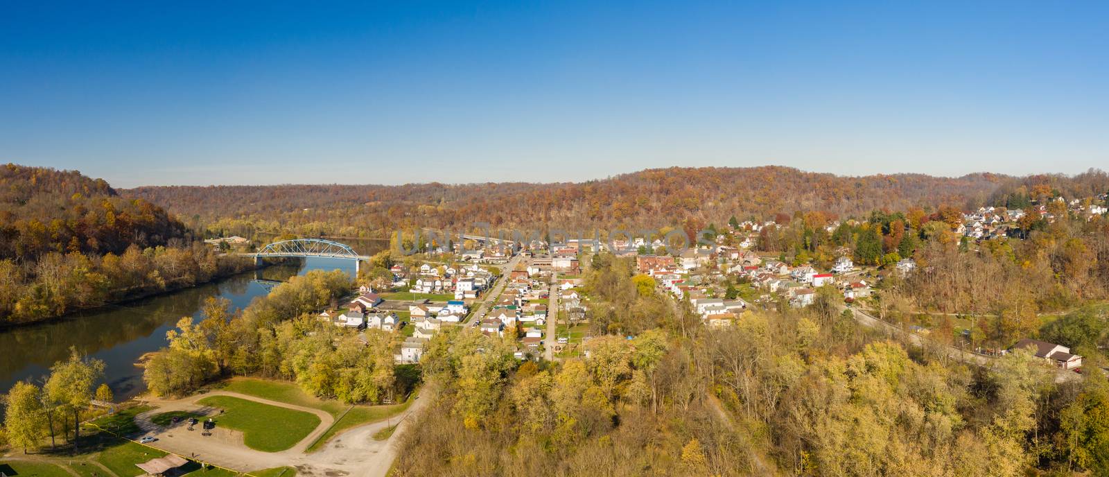 Aerial drone panoramic shot of the downtown area of Point Marion in Pennsylvania