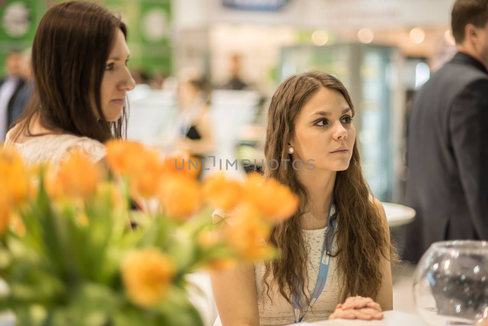 20/05/2018. Brno, Czech Republic. Two woman working as a receptionist at the convention trade center in Brno taking some time to have a coffee. BVV Brno Exhibition center. Czech Republic by gonzalobell