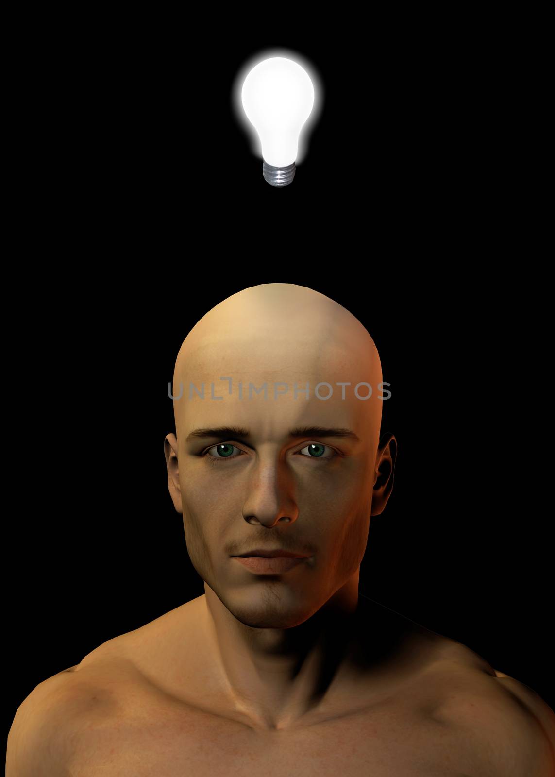 A lit bulb floats over a bald man and synbolizes idea. 3D rendering