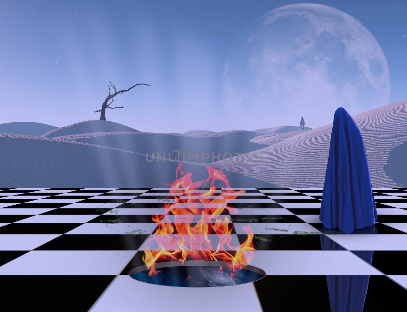 Chessboard with burning portal to another dimension. Figure of man covered by purple cloth. White sand dune, giant moon at the horizon. 3D rendering