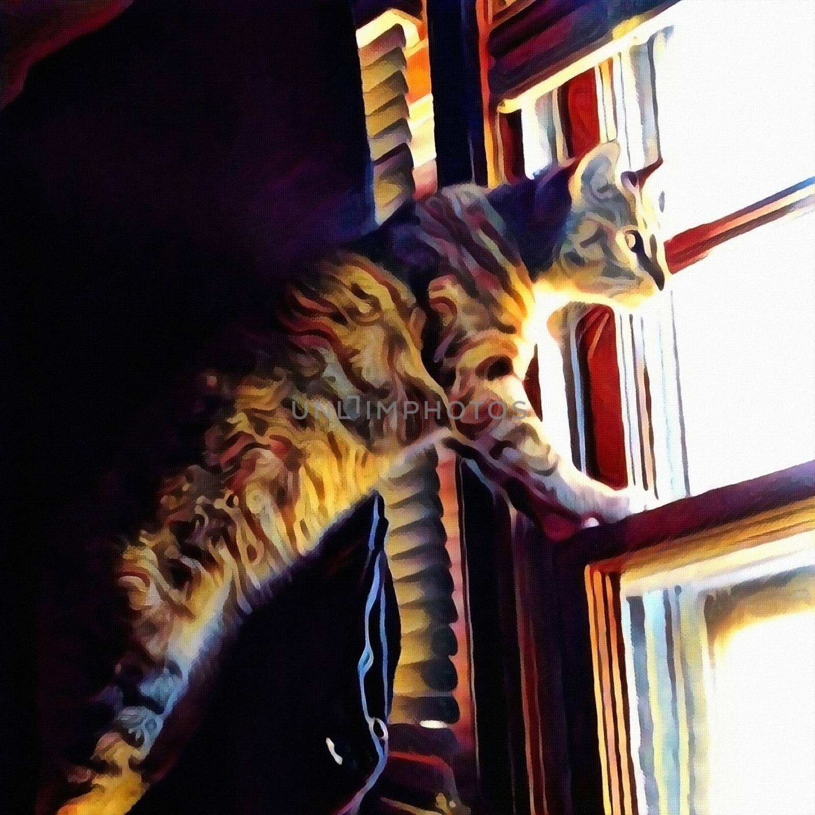 Modern art. Cat looks through the window. 3D rendering
