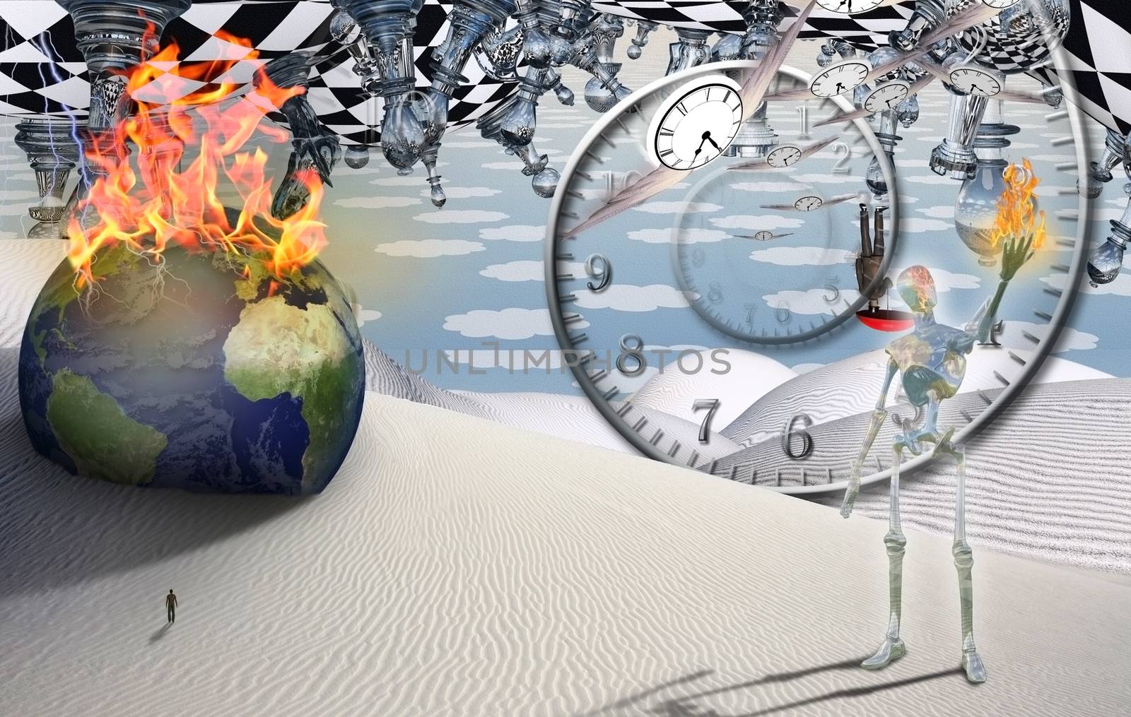 Burning globe, figure of man in a distance. Alien holds flame in his hand. Spiral of time and winged clocks represents flow of time. 3D rendering
