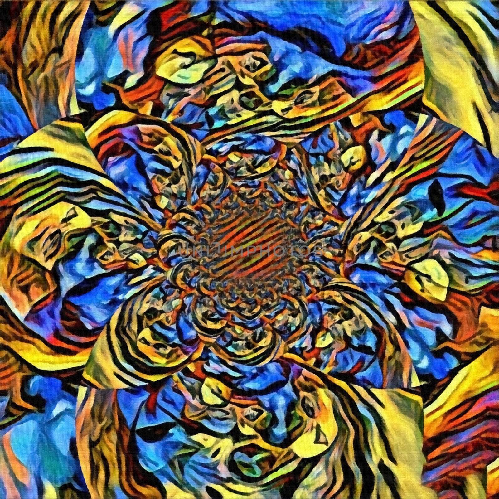 Abstract painting. Mirrored round fractal in multi colors with question signs. 3D rendering