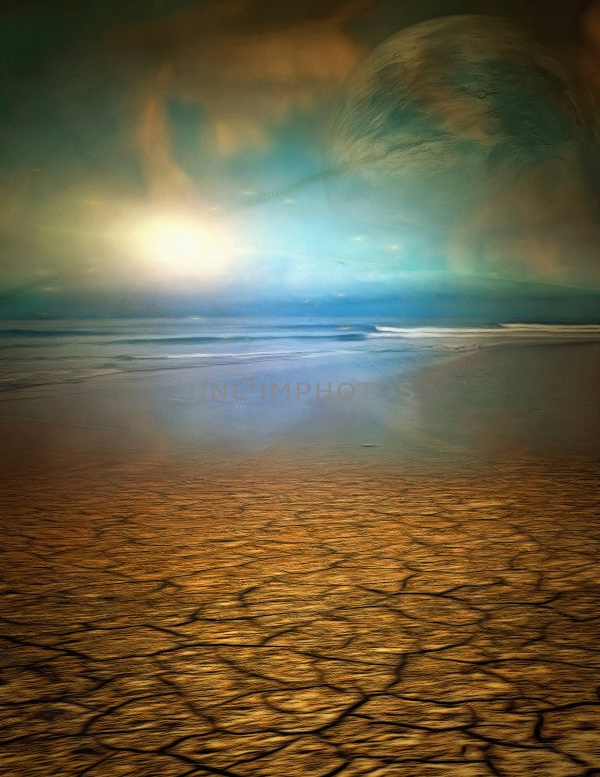 Surreal painting. Desert shore and the sea. 3D rendering