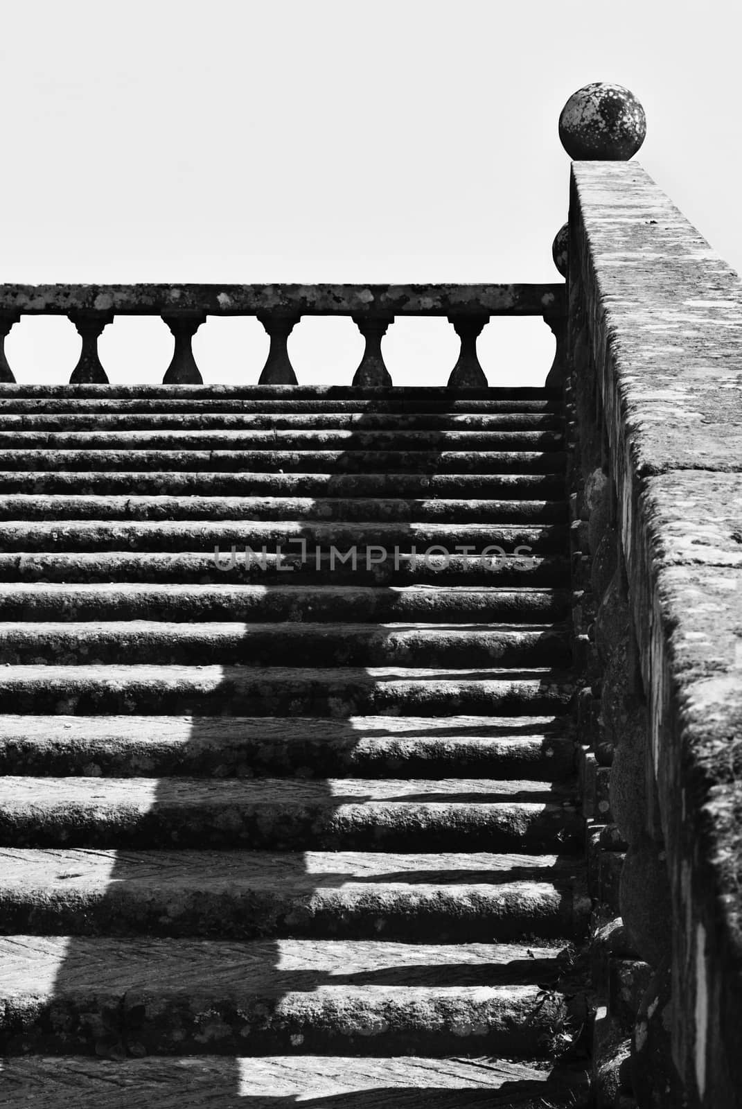 Monumental staircase in Italy -Caprarola-, black and white phootgraphy , high contrast ,low angle view ,light and shadow