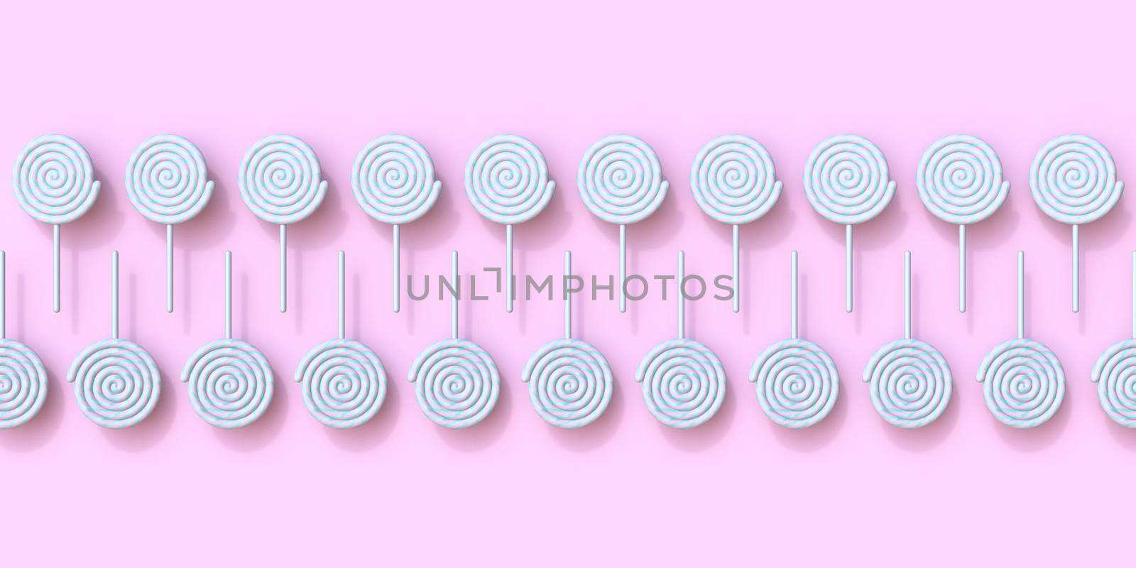 Lollipops arranged in two rows 3D render illustration isolated on pink background