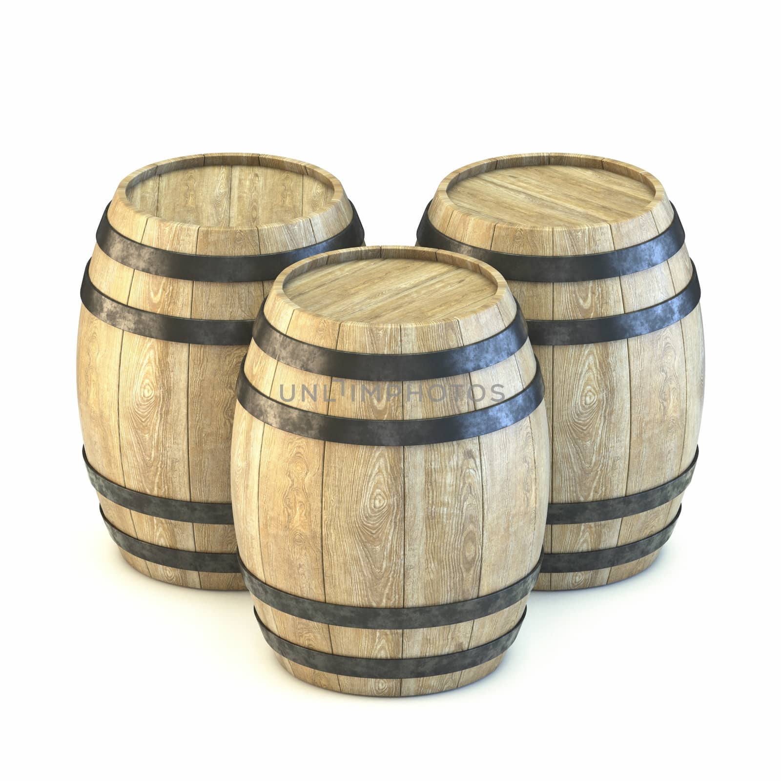 Three wooden barrels 3D render illustration isolated on white background