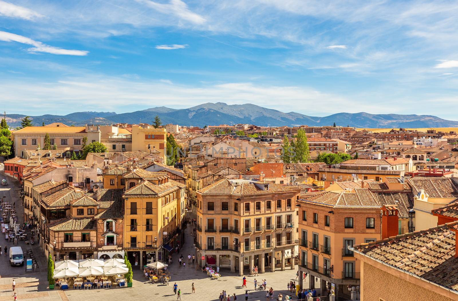 Historic city center panorama with mountains in the background, Segovia, Spain