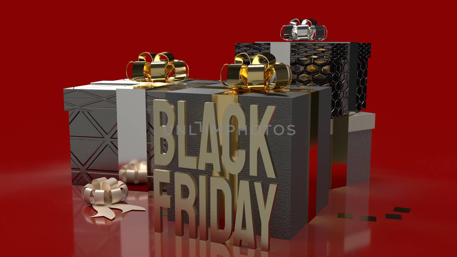 The Black Friday gold text and gift boxes on red background for  by Niphon_13