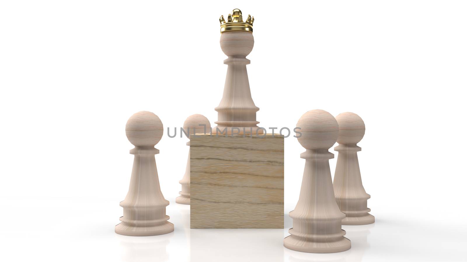 wood chess and gold crown on wood cube for business content 3d rendering.
