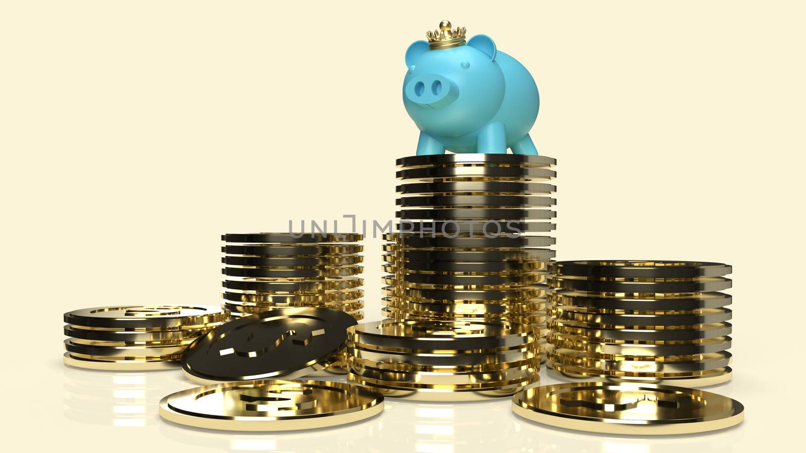 The blue pig bank and crown on gold coins for business content 3 by Niphon_13